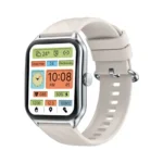 Zeblaze GTS 4 Smartwatch showing an ultra-thin 8.7mm rectangular metal alloy smart watch body with a bright 1.94-inch HD AMOLED display screen, a premium rotating navigation crown button, and a soft liquid silicone strap design view