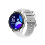 Awei H36 Smart Watch showing the premium classic round housing case frame, front circular full-touch display with fitness tracking menu, side control button, and soft flexible silicone wristband strap panel