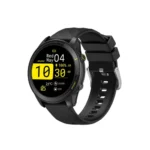 Awei H36 Smart Watch showing the premium classic round housing case frame, front circular full-touch display with fitness tracking menu, side control button, and soft flexible silicone wristband strap panel