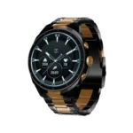 Titan Heritage Premium Smart Watch featuring its luxury round stainless steel chassis, crisp Super AMOLED display face, functional rotary crown dial, and premium metallic link bracelet design in image_72eee5.png