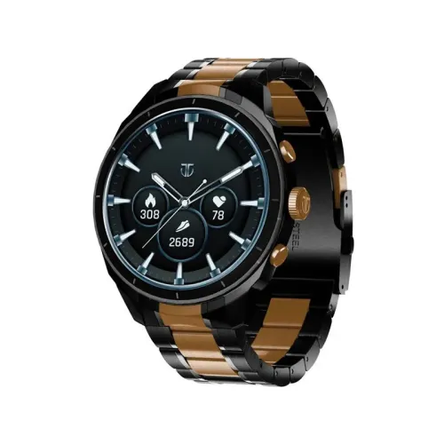 Titan Heritage Premium Smart Watch featuring its luxury round stainless steel chassis, crisp Super AMOLED display face, functional rotary crown dial, and premium metallic link bracelet design in image_72eee5.png