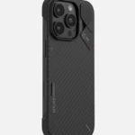UGREEN 55331 aramid fiber protective phone case model CA121 displaying its premium black woven carbon pattern matte texture back with precise camera cutout for iPhone 16 Pro