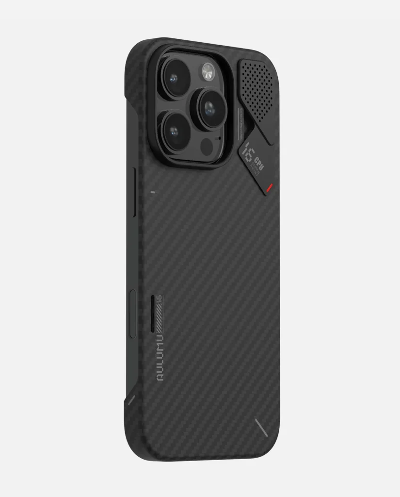 UGREEN 55331 aramid fiber protective phone case model CA121 displaying its premium black woven carbon pattern matte texture back with precise camera cutout for iPhone 16 Pro