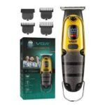 VGR V-981 Professional Hair & Beard Trimmer For Men showing the premium metallic body shell layout, top precision T-blade cutting edge, and front digital LED status screen indicator panel