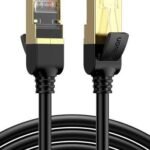 UGREEN 11229 Cat 7 F/FTP Lan Cable 0.5m Black NW107 showing the short thick black flexible PVC round wire structure, premium gold plated RJ45 connector pins, durable molded strain relief boots, and protective plastic dust cover caps layout