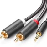 UGREEN 10510 3.5mm male aux plug to dual red and white RCA male stereo audio patch cable featuring gray aluminum connector covers on a white background