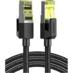 UGREEN 80424 CAT7 Shielded Round Cable with Braided Modular Plugs 3m NW150 showing the black double braided cotton mesh round wire layout, premium gold plated shielded RJ45 modular connector pins, durable zinc alloy shell casing, and flexible strain relief boots configuration