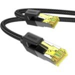 UGREEN 80423 CAT7 Shielded Round Cable with Braided Modular Plugs 2m NW150 showing the black double braided cotton mesh round wire layout, premium gold plated shielded RJ45 modular connector pins, durable zinc alloy shell casing, and flexible strain relief boots configuration