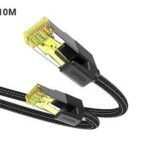 UGREEN 30791 Cat 7 Ethernet Cable Braided Pure Copper 10m Black NW15 showing the long thick black double nylon braided round wire structure, premium gold plated RJ45 connector pins, durable molded strain relief boots, and protective plastic dust cover caps layout