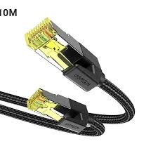 images (12) UGREEN 30791 Cat 7 Ethernet Cable Braided Pure Copper 10m Black NW15 showing the long thick black double nylon braided round wire structure, premium gold plated RJ45 connector pins, durable molded strain relief boots, and protective plastic dust cover caps layout