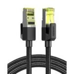UGREEN 80420 Cat 7 Round Ethernet Cable 0.5m NW150 showing the short black double braided cotton mesh round wire layout, premium gold plated shielded RJ45 modular connector pins, durable zinc alloy shell casing, and flexible strain relief boots configuration