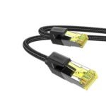 UGREEN 80425 CAT7 Shielded Round Cable with Braided Modular Plugs 5m NW150 showing the black double braided cotton mesh round wire layout, premium gold plated shielded RJ45 modular connector pins, durable zinc alloy shell casing, and flexible strain relief boots configuration
