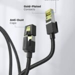 UGREEN 80421 Cat 7 Round Ethernet Cable 1m NW150 showing the black double braided cotton mesh round wire layout, premium gold plated shielded RJ45 modular connector pins, durable zinc alloy shell casing, and flexible strain relief boots configuration