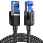 UGREEN 30799 Cat8 Pure Copper Ethernet Cable Braided 15m Black NW153 showing the long thick black double nylon braided round wire structure, premium gold plated shielded RJ45 connector pins, durable metal shell casing, and flexible strain relief boots configuration