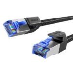 UGREEN 80430 Cat8 Pure Copper Ethernet Cable Round Braided OD5.5mm 1.5m Black NW153 highlighting the premium gold plated shielded RJ45 plugs, robust metal alloy shell casings, thick 5.5mm round nylon braided black cord structure, and flexible strain relief protectors