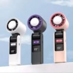 K801 Handheld Turbo Fan with Ice Cooling showing the modern pocket-sized matte casing body, central metallic circular ice cooling plate panel, front air intake grille layout, smart digital battery percentage readout display, and the foldable handle frame configuration