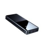 JOYROOM JR-QP191 Mini 22.5W Power Bank 10000mAh showing the pocket sized black matte ABS casing body, front glossy circular panel with a bright LED digital battery percentage readout screen, dual USB ports, and a Type-C connection slot layout