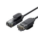 UGREEN 70653 CAT 6A Pure Copper Ethernet Cable OD2.8 3m Black NW122 showing the ultra thin flexible 2.8mm round black PVC jacket wire layout, premium gold plated RJ45 connector pins, durable molded strain relief boots, and protective dust caps configuration