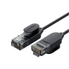 images (4) UGREEN 70653 CAT 6A Pure Copper Ethernet Cable OD2.8 3m Black NW122 showing the ultra thin flexible 2.8mm round black PVC jacket wire layout, premium gold plated RJ45 connector pins, durable molded strain relief boots, and protective dust caps configuration