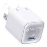 Anker 511 Charger Nano 3 30W showing the ultra-compact cubical matte plastic casing body, single front-facing high-speed USB Type-C output port with premium branding, and the space-saving folding plug prongs layout