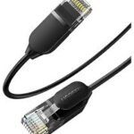 UGREEN 70334 CAT 6A Pure Copper Ethernet Cable OD2.8 2m Black NW122 showing the ultra thin flexible 2.8mm round black PVC jacket wire layout, premium gold plated RJ45 connector pins, durable molded strain relief boots, and protective dust caps configuration