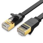 UGREEN 30738 Cat 7 U/FTP Lan Cable Flat Design 0.5m Black NW106 showing the short ultra thin flexible flat PVC jacket wire layout, premium gold plated RJ45 male connector pins, molded strain relief boots, and protective dust caps configuration