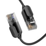 UGREEN 70654 CAT 6A Pure Copper Ethernet Cable OD2.8 5m Black NW122 showing the ultra thin flexible 2.8mm round black PVC jacket wire layout, premium gold plated RJ45 connector pins, durable molded strain relief boots, and protective dust caps configuration