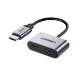 UGREEN 60165 USB-C One-Two Converter with dual Type C output ports and premium gray aluminum housing on a minimalist background