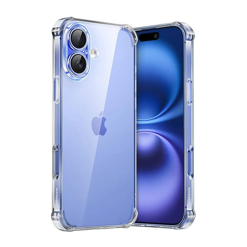 UGREEN 45913 Bright Cushion Protective Case for iPhone 16 Clear showing a crystal-clear transparent soft TPU back cover case with reinforced double airbag bumper corners view
