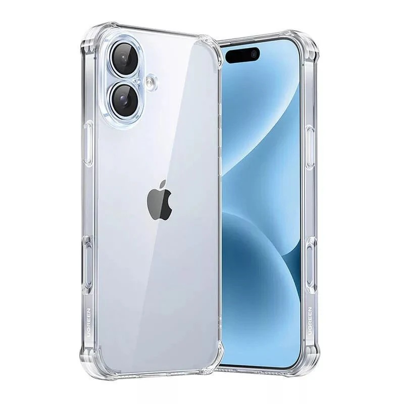 UGREEN 45914 Bright Cushion Protective Case for iPhone 16 Plus Clear showing a transparent crystal-clear soft TPU back cover case with reinforced double airbag protective bumper corners view