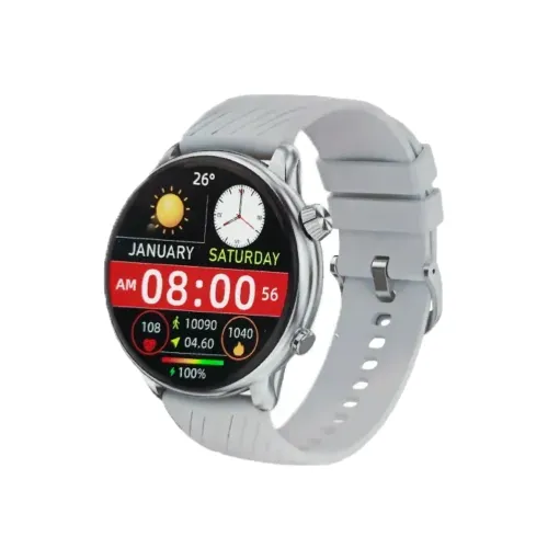 Imilab Imiki TG2 Smart Watch showing the premium sleek housing case frame, front large full-touch display with fitness tracking menu, side control layout, and soft flexible silicone wristband strap panel