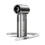 JISULIFE Handheld Fan Life9S Chrome premium edition portable turbo fan showing luxurious grey metallic finish front view smart LED digital display showing battery percentage and speed level 1 to 5 five speed button 9 blade mini turbine head 5000mah rechargeable handle Type-C charging port and lanyard strap loop