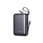 JOYROOM JR-PBF29 22.5W Mini Power Bank 20000mAh showing the compact pocket-sized matte black ABS casing body, front premium glossy display panel with a bright LED digital battery percentage readout screen, built-in flexible Type-C lanyard cable, and multi-port charging layout