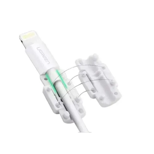 UGREEN 40705 Charging Cable Protector showing a small flexible white silicone spiral wire saver wrapped tightly around the weak joint connection of a phone charger cord view