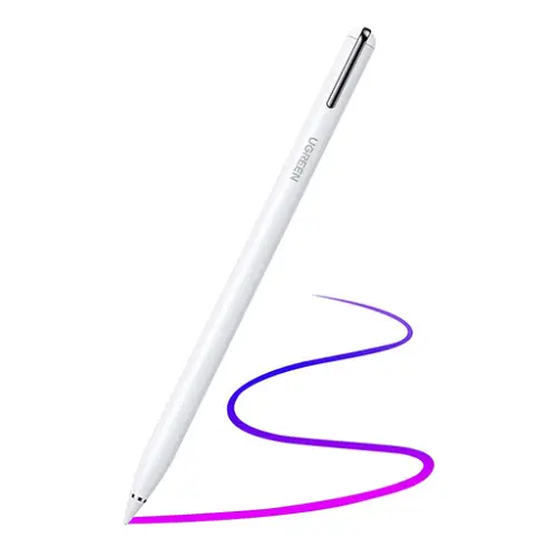 UGREEN 90915 Smart Stylus Pen for iPad LP452 showing a sleek matte white active digital pencil with a fine pom tip, flat magnetic edge structure, hidden LED power indicator lights, and a modern charging slot setup view