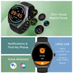 boAt Lunar Seek Smartwatch showing a premium circular metallic smart watch case with a 1.39-inch HD touch display face, a single prominent side functional rotating crown button, and a flexible silicone wrist strap layout view