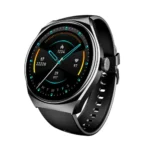boAt Lunar Seek Smartwatch showing a premium circular metallic smart watch case with a 1.39-inch HD touch display face, a single prominent side functional rotating crown button, and a flexible silicone wrist strap layout view