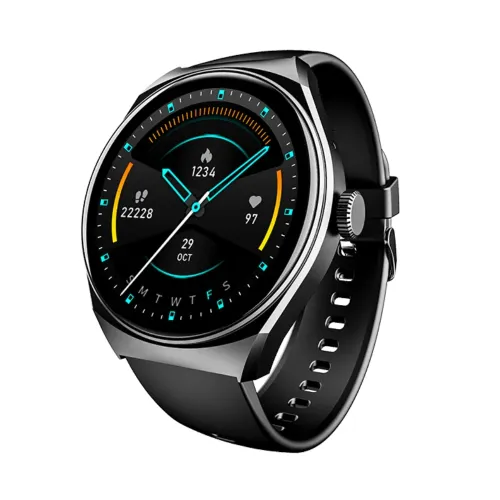 boAt Lunar Seek Smartwatch showing a premium circular metallic smart watch case with a 1.39-inch HD touch display face, a single prominent side functional rotating crown button, and a flexible silicone wrist strap layout view
