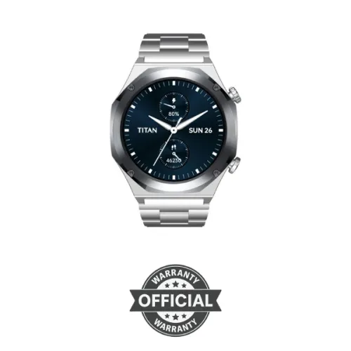 Titan Maestro Premium Smart Watch showing its polished luxury metallic case, sharp color touchscreen face, and premium elegant strap setup in image_72eee5.png