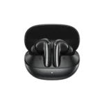QCY MeloBuds N20 ANC wireless earbuds showing glossy compact charging case open position dual in-ear stems silicone ear tips active noise cancellation mode transparency mode microphone holes Type-C charging port front view turn on color options