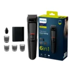 Philips MG3710/15 Multigroom Series 3000 6-in-1 professional rechargeable cordless hair and beard trimmer kit with nose trimmer head, attachment combs, and power adapter turn on