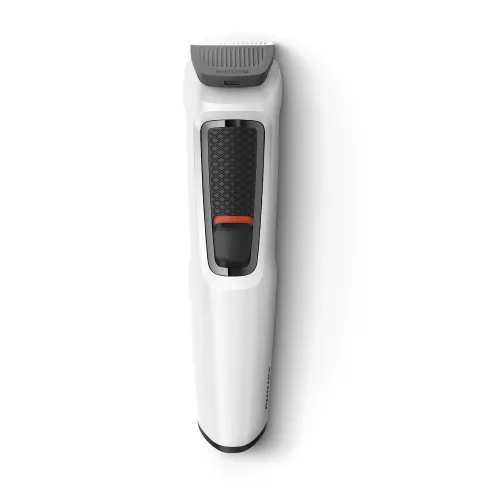 Philips MG3721/65 Multigroom Series 3000 7-in-1 professional rechargeable cordless hair and beard trimmer kit with nose trimmer head, attachment combs, storage pouch, and charging cable turn on