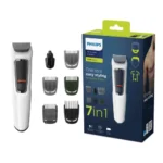 Philips MG3721/65 Multigroom Series 3000 7-in-1 professional rechargeable cordless hair and beard trimmer kit with nose trimmer head, attachment combs, storage pouch, and charging cable turn on