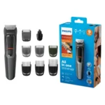 Philips MG3747/13 Multigroom Series 3000 9-in-1 professional rechargeable cordless hair and beard trimmer kit with metal detailer head, nose trimmer head, attachment combs, storage pouch, and power adapter turn on