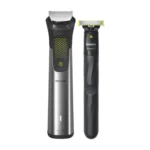 Philips MG9553/15 9000 Series 20-in-1 premium multigrooming rechargeable cordless trimmer kit with OneBlade handle, body shaver head, attachment combs, storage case, and Type-C cable turn on