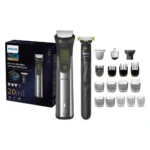 Philips MG9553/15 9000 Series 20-in-1 premium multigrooming rechargeable cordless trimmer kit with OneBlade handle, body shaver head, attachment combs, storage case, and Type-C cable turn on