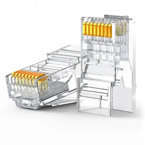 UGREEN 60558 Cat6 RJ45 Modular Plugs 100-Pack showing a group of transparent clear plastic unshielded network connector heads with gold-plated pins for internet cable crimping view