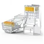 UGREEN 50962 Cat6 RJ45 Modular Plugs 50-Pack showing a collection of clear transparent network internet connector heads with gold-plated pins for custom lan wire crimping view