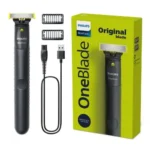 Philips OneBlade QP1424/10 hybrid rechargeable cordless electric hair trimmer and shaver with attachment combs and USB charging cable turn on