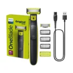 Philips OneBlade QP2824/10 face and body 5-in-1 hybrid rechargeable cordless electric trimmer and shaver with adjustable guide comb, body skin guard, and USB charging wire turn on